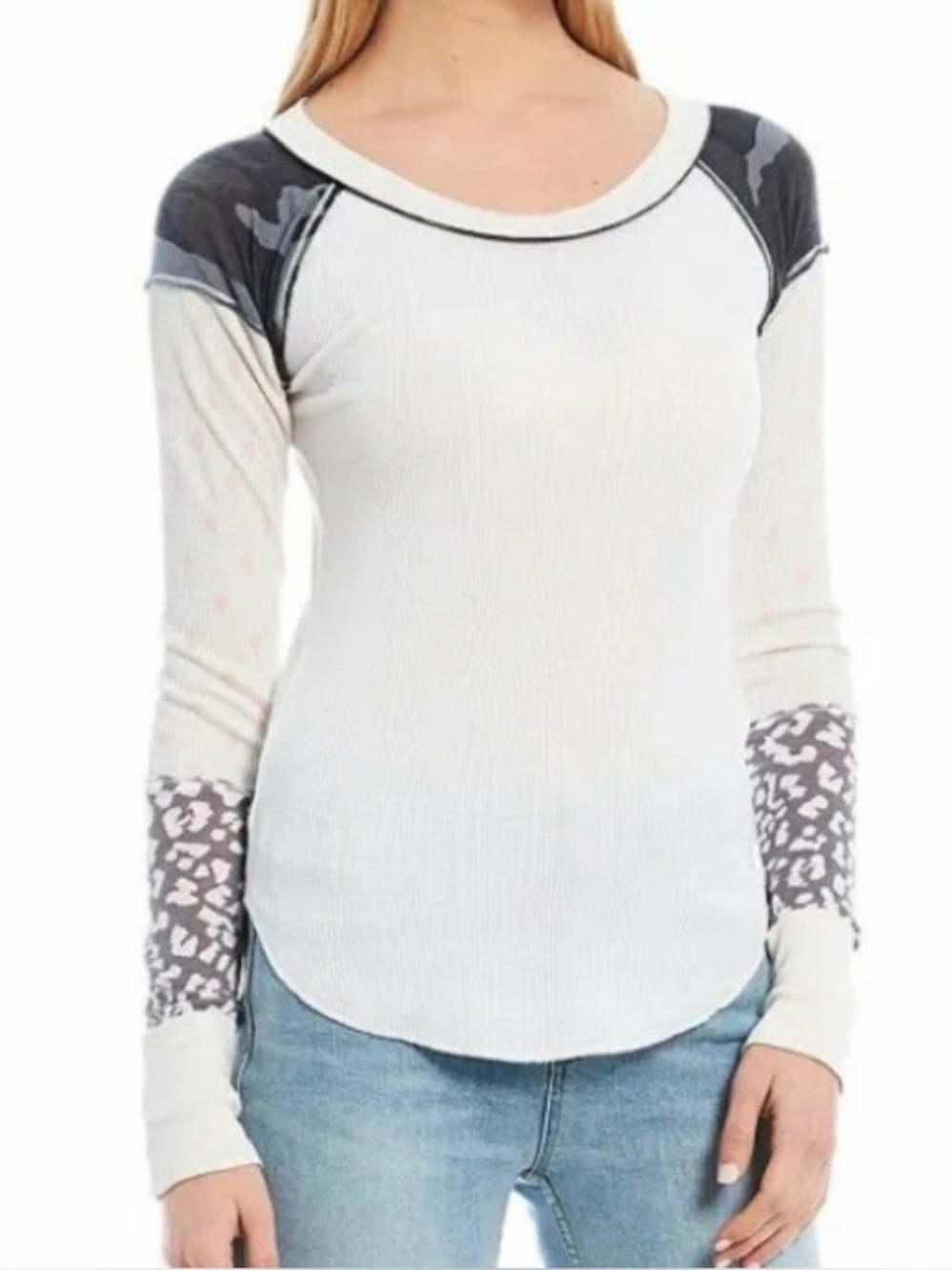 We The Free Long Sleeve Ribbed Top in White and Gray Camouflage Accents